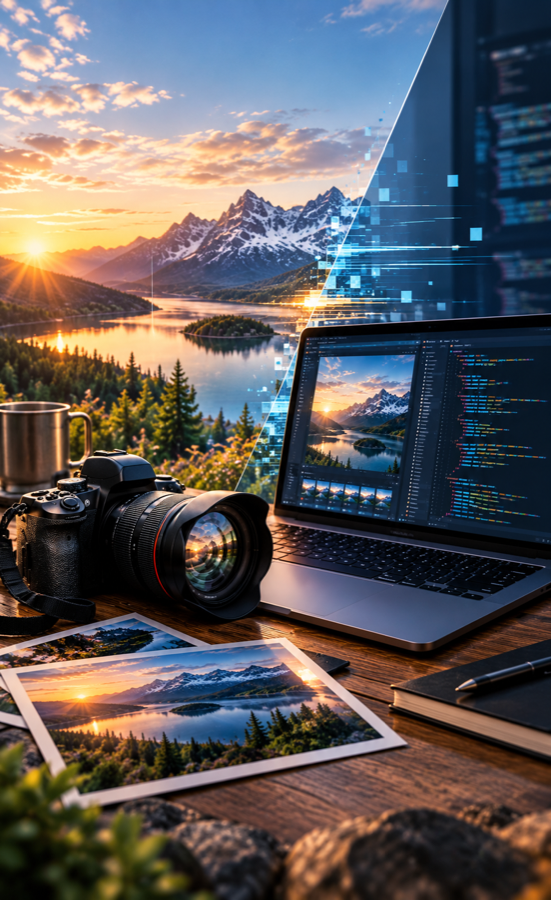 A camera beside a laptop editing a mountain-lake photograph